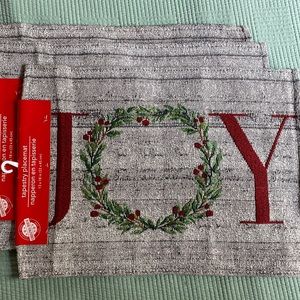 JOY Christmas tapestry holiday wreath placemats nwt set of 3